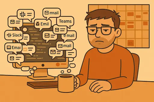 A weary developer sits at a wooden desk holding a mug, surrounded by floating Slack, Teams, and email notifications that clutter the air around their computer monitor. A wall calendar behind them is packed with meetings, and the scene is rendered in The Cynical Developer’s warm, muted oranges and browns with flat, minimalist lines.
