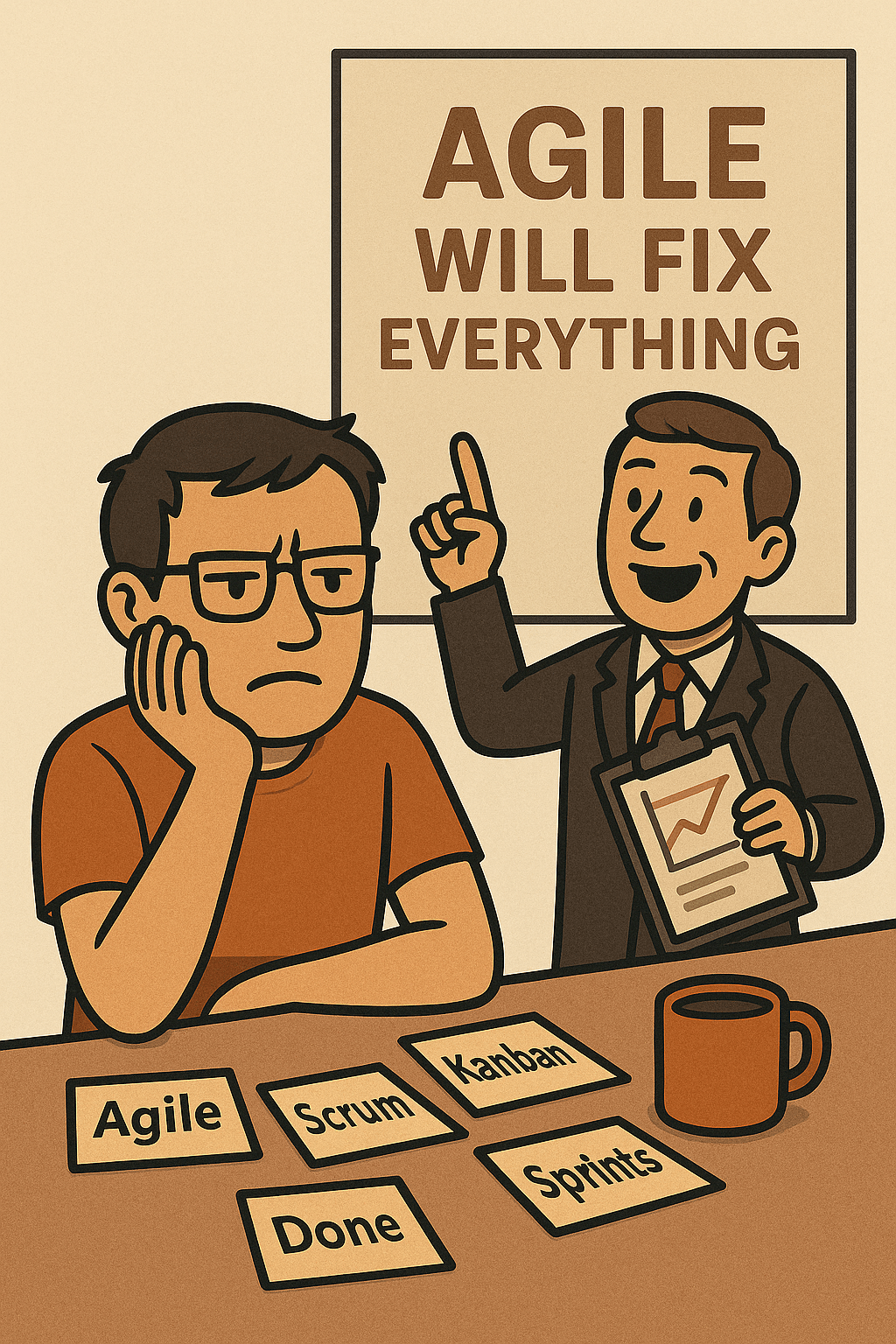A fed up developer being shown the values of agile.