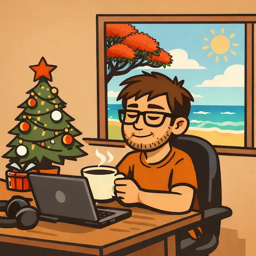 A flat-style digital illustration of a developer in his office. Christmas tree on desk and a summer scene out the window.