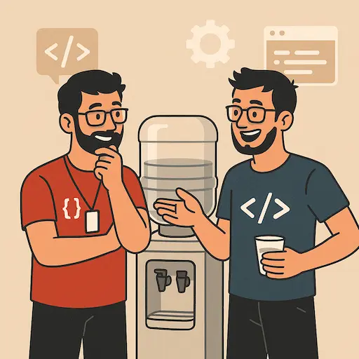 Illustration of two developers chatting at an office water cooler. Both wear glasses and have short dark hair and beards. One developer in a red shirt listens thoughtfully, while the other in a dark blue shirt gestures with one hand and holds a paper cup in the other. Speech and gear icons float above them, suggesting they’re discussing code and technical work.