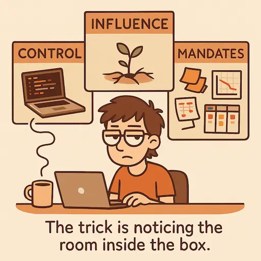 A flat digital illustration of a weary developer sitting at a desk with three labeled boxes behind them: 'Control' with a laptop and coffee mug, 'Influence' with a small plant sprouting through cracks, and 'Mandates' filled with sticky notes, a burndown chart, and a Jira board. The developer glances sideways at the boxes, unimpressed. Warm, muted tones of orange and beige dominate the palette