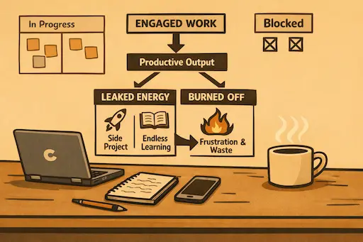 A minimalist illustration of a developer’s desk with a closed laptop, notebook, phone, and coffee mug. Above the desk is a simple diagram showing “Engaged Work” leading to productive output, with unused energy either leaking into side projects and learning or being burned off as frustration when work is blocked.