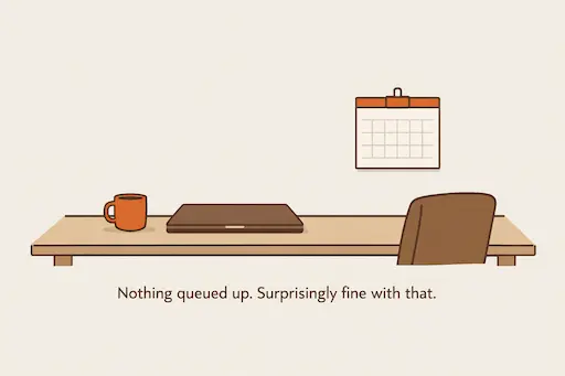 Flat illustration of a quiet desk with a closed laptop, a coffee mug, and a blank calendar page. The chair is pushed back slightly, suggesting a pause rather than active work.