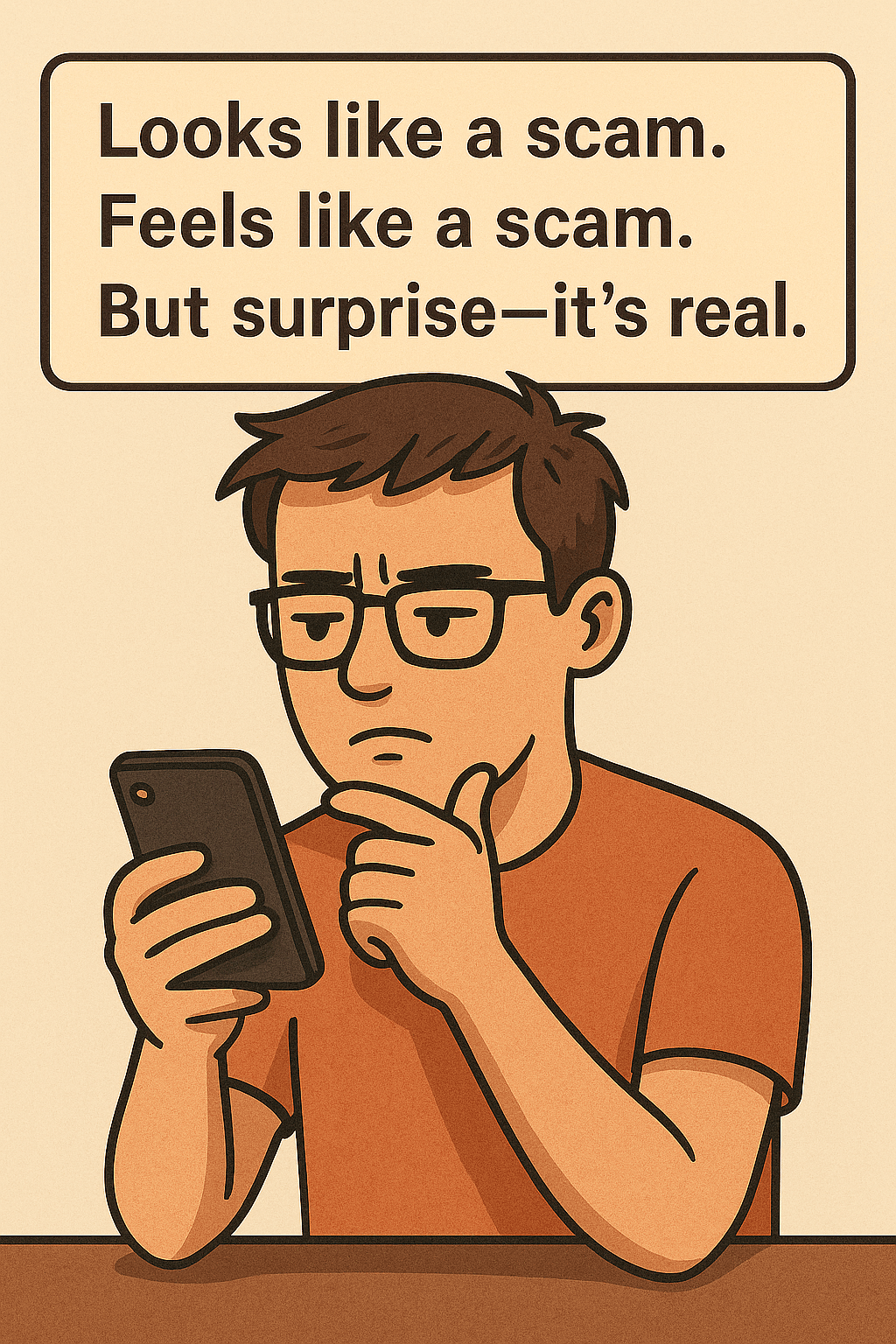 A frustrated developer holding their phone, staring at a suspicious SMS. Caption: 'Looks like a scam. Feels like a scam. But surprise—it’s real.'