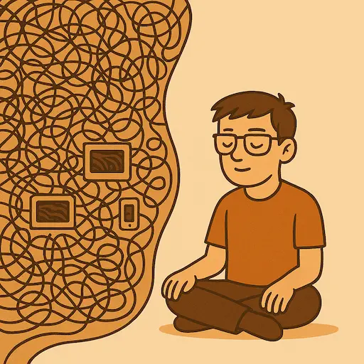 Developer attempting meditation while a cloud of information looms