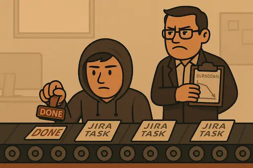 A flat-style digital illustration of a conveyor belt in a dull, grey office. Each item on the belt is a JIRA ticket, and a tired developer mechanically stamps them 'Done' without looking up.