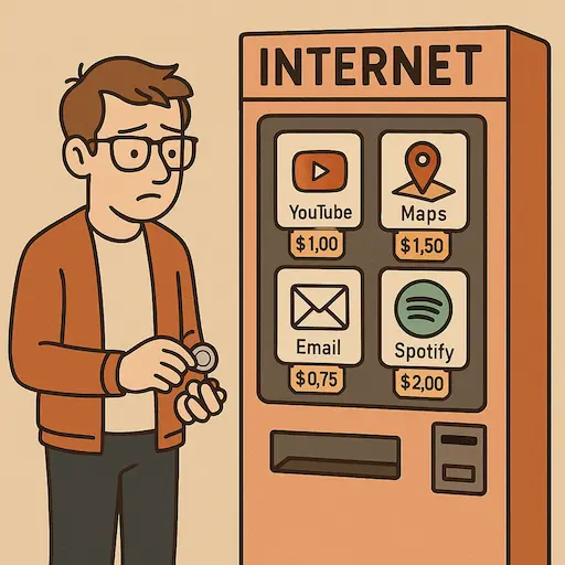 A cartoon developer with glasses stands at a vending machine labeled “Internet.” Each button shows icons like YouTube, Maps, Email, Spotify. Price tags hang off each one. The dev has only a few coins in hand and looks unsure.